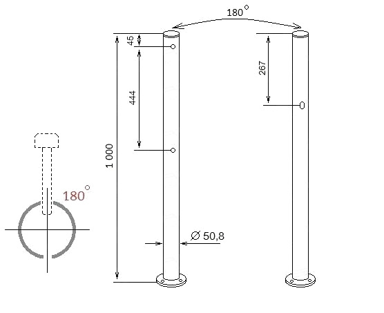 Стойка с отверстием для фиксатора створки и 2 отверстиями (угол 180 град.) ASP-D50,8-06 из нержавеющей стали AISI304 Стойка с отверстием для фиксатора створки и 2 отверстиями (угол 180 град.) ASP-D50,8-06 из нержавеющей стали AISI304