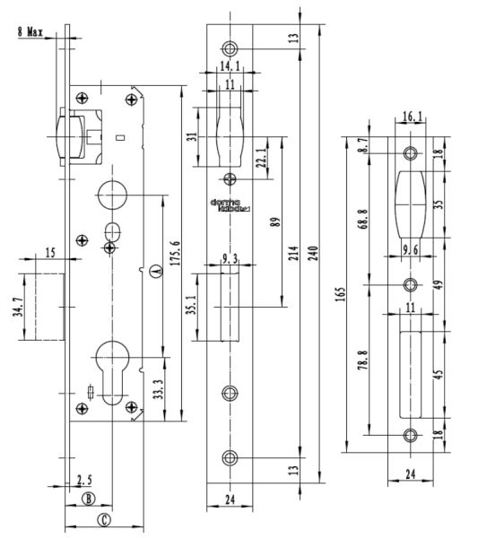 Механический замок узкопрофильный dormakaba 860a 85/35/8 F=24 для алюминиевых дверей Механический замок узкопрофильный dormakaba 860a 85/35/8 F=24 для алюминиевых дверей