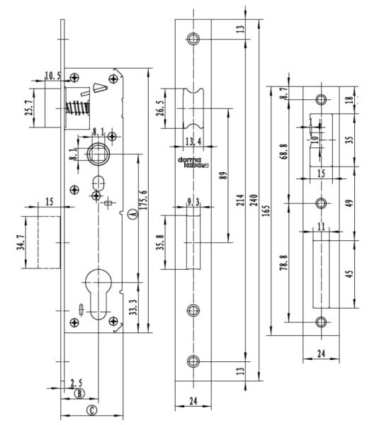 Механический замок узкопрофильный dormakaba 850a 85/25/8 F=24 для алюминиевых дверей Механический замок узкопрофильный dormakaba 850a 85/25/8 F=24 для алюминиевых дверей