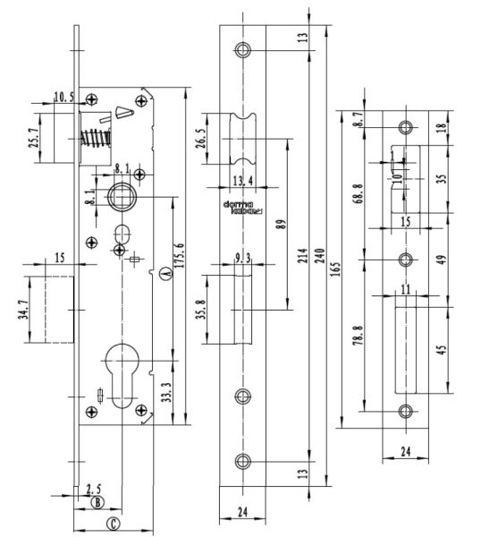 Механический замок узкопрофильный dormakaba 920a 92/25/8 F=24 для алюминиевых дверей