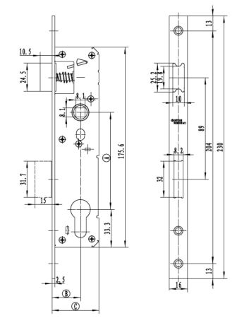 Механический замок узкопрофильный dormakaba 920 92/35/8 F=16 для ПВХ дверей