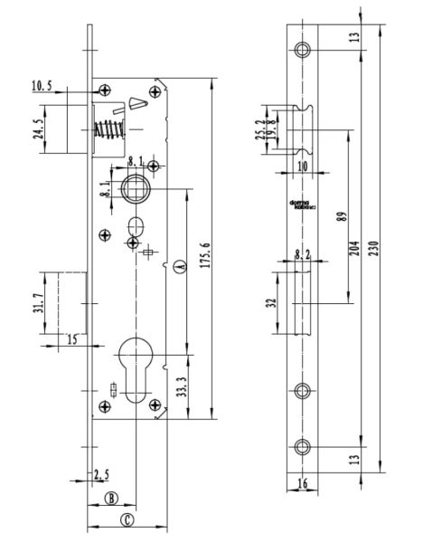 Механический замок узкопрофильный dormakaba 850 85/30/8 F=16 для ПВХ дверей Механический замок узкопрофильный dormakaba 850 85/30/8 F=16 для ПВХ дверей