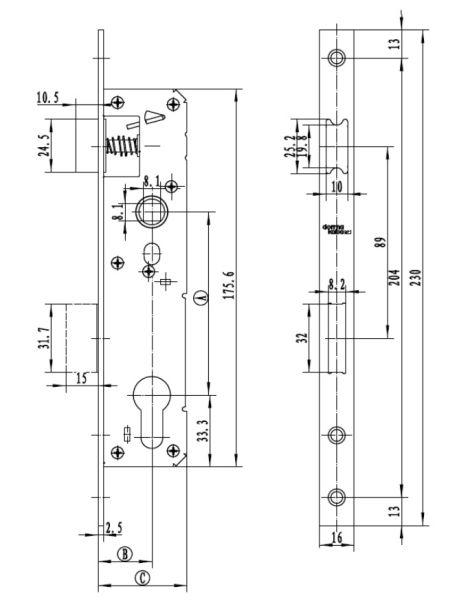 Механический замок узкопрофильный dormakaba 920 92/25/8 F=16 для ПВХ дверей Механический замок узкопрофильный dormakaba 920 92/25/8 F=16 для ПВХ дверей