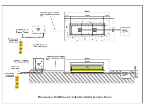 Блокиратор дорожный гидравлический RB 900 SHALLOW (RB-45P90-2p-SHLW) с двумя гидроцилиндрами, длина 4500 мм