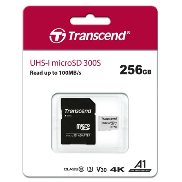 Карта памяти microSDXC Transcend 256 ГБ, TS256GUSD300S-A, UHS-I U3 V30 A1 + ADP (100/40 Mb/s)