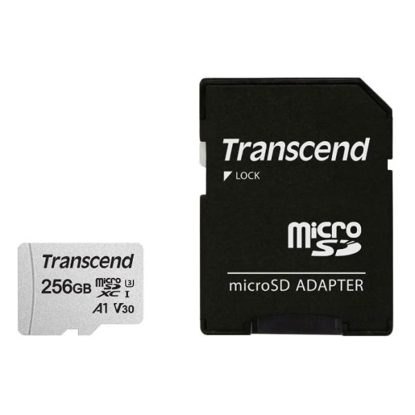 Карта памяти microSDXC Transcend 256 ГБ, TS256GUSD300S-A, UHS-I U3 V30 A1 + ADP (100/40 Mb/s)