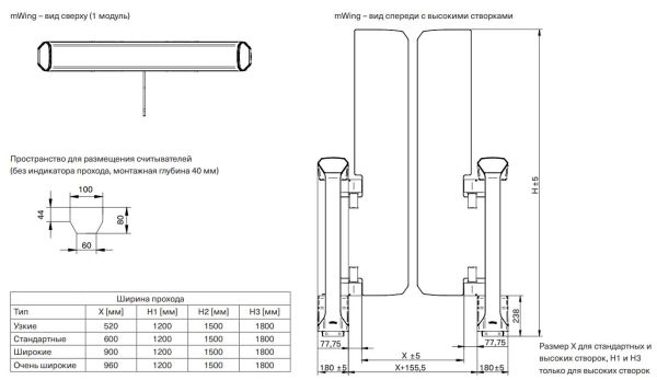 Распашной турникет Magnetic mWing с закаленными створками 600 мм